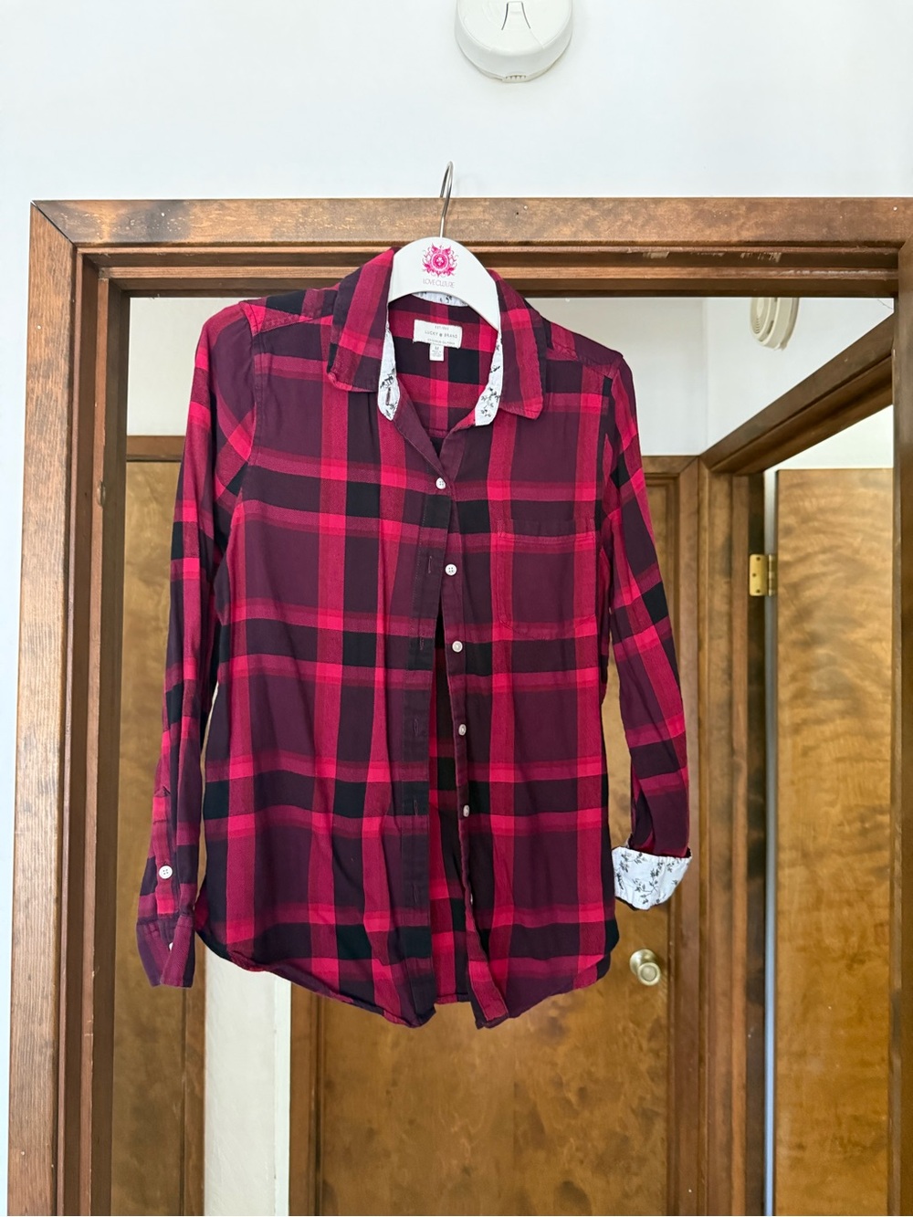 Lucky Brand Red and Black Plaid Shirt with Floral Trim